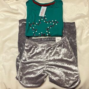 NWT Silver Velvet Capri Leggings + long sleeve cat and jack green tee girl 14